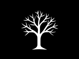 A white silhouette of a tree with bare branches on a black background.