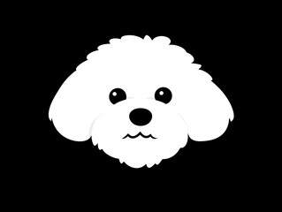 A cartoon-style illustration of a cute white dog face on a black background.