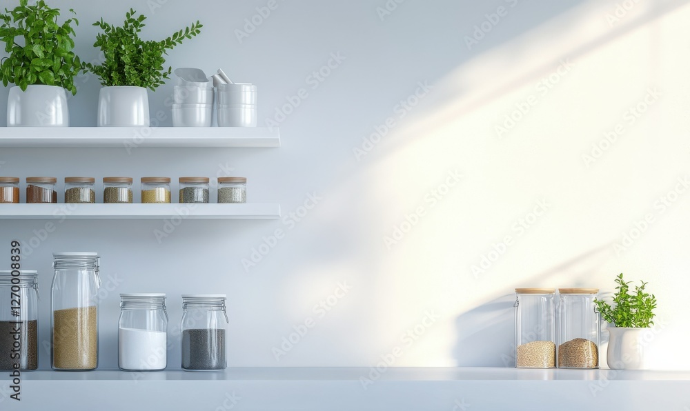 Poster minimalist white kitchen shelf with neatly arranged jars and greenery, blending modern design with f