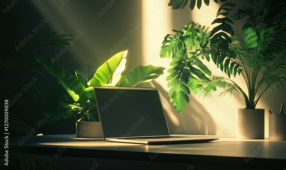 Poster minimalist workspace with a sleek laptop and fresh greenery, soft light adding a calm and productive