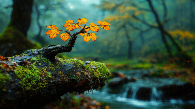 Golden Autumn Leaves on a Mossy Branch by a Tranquil Stream