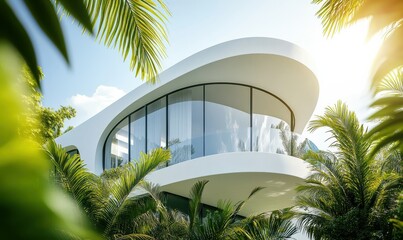Modern architectural exterior of a white curved villa, large circular windows reflecting bright daylight, framed by lush greenery.