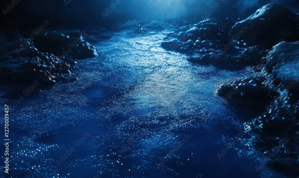 Poster sparkling icy surface with delicate frost patterns illuminated by soft blue light, evoking the crisp