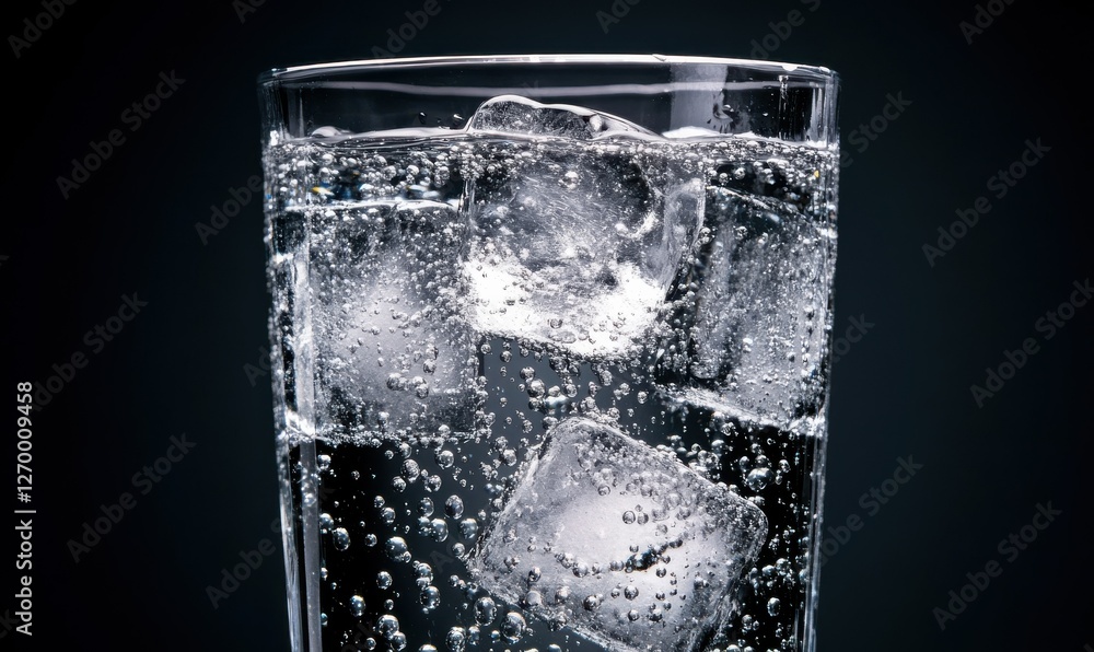 Poster sparkling bubbles of water with ice cubes, illuminated by soft light, capturing refreshing purity an