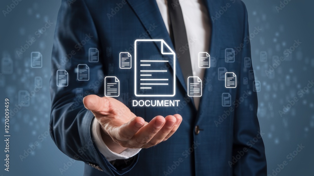 Poster businessman presenting digital document concept with multiple glowing file icons