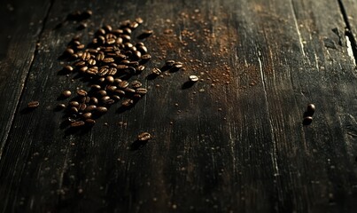 Rustic coffee beans scattered on a dark wooden surface, capturing the essence of fresh brews with deep brown tones and textured grains
