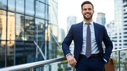 Confident businessman on urban rooftop with city skyline view