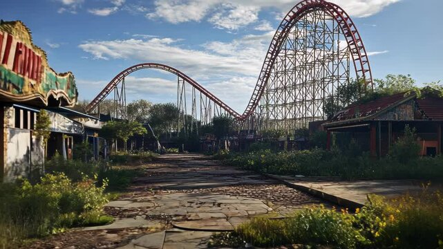 Abandoned amusement park with overgrown vegetation and a prominent roller coaster.