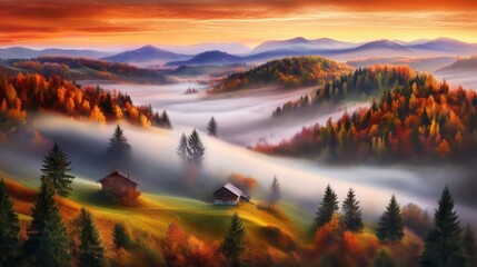 Obraz premium Autumnal Mist-Shrouded Mountain Valley: A Breathtaking Fall Foliage Scene