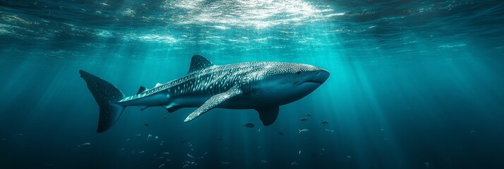 Naklejka premium Majestic Whale Shark Glides Through Sun-Dappled Ocean Depths, Surrounded by Small Fish