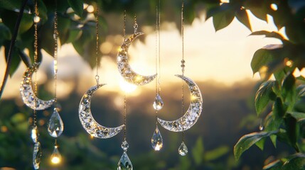 Crystal Moon Suncatchers Hanging in Garden at Sunset
