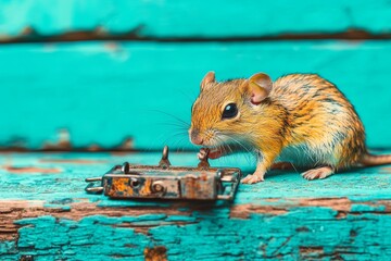 A gray mouse tumbled into a mousetrap and was snapped. High-grade image