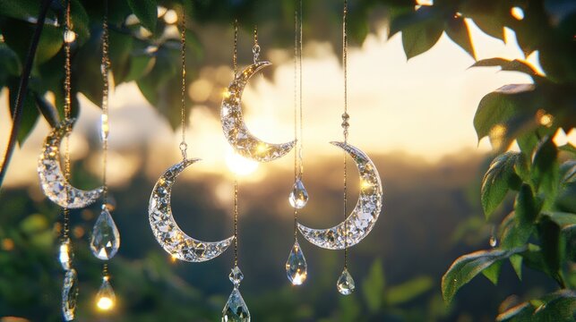 Crystal Moon Suncatchers Hanging in Garden at Sunset