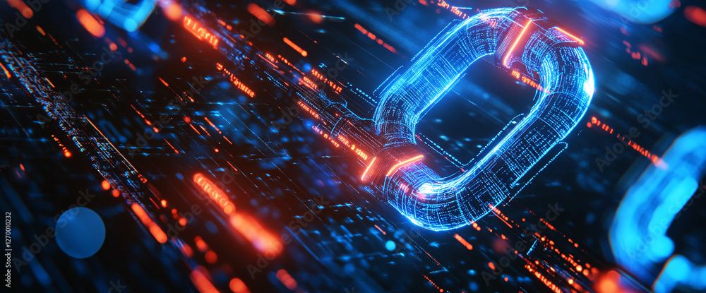 Poster Close-up view of a glowing digital chain link floating in a network, symbolizing blockchain technology, data security, and connection in a futuristic cyber world.