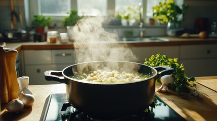 Cooking fresh vegetables soup in a bright kitchen with sunlight streaming through the window