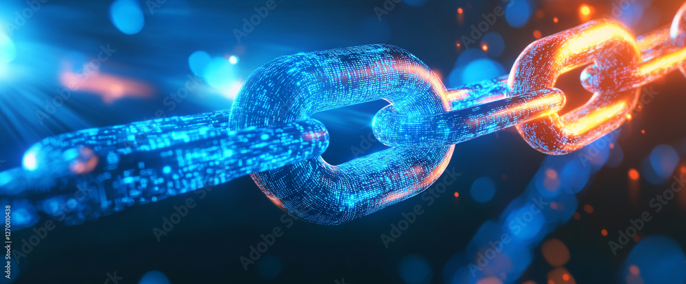 Aufkleber Close-up of a glowing digital chain link symbolizing blockchain technology and secure data transfer in a futuristic, high-tech digital network.