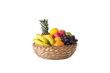 vibrant fruit basket filled with bananas, apples, grapes, oranges, and pineapple, showcasing colorful assortment of fresh produce. Perfect for healthy living