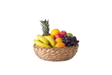 vibrant fruit basket filled with bananas, apples, grapes, oranges, and pineapple, showcasing colorful assortment of fresh produce. Perfect for healthy living