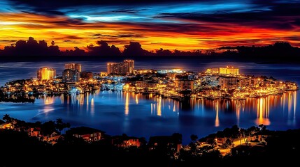 Night Cityscape Illuminated At Sunset Over Water