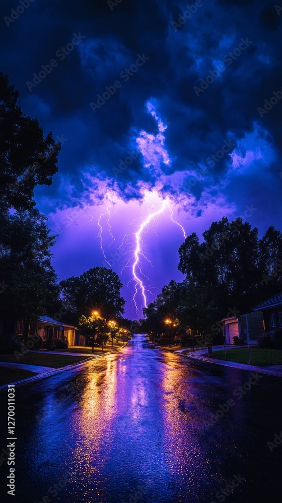 Poster bright flashes of lightning tear through the darkened sky, illuminating a serene suburban street. ra