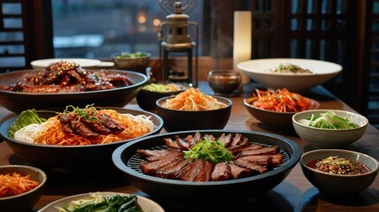 Obraz premium Korean BBQ Feast: Sizzling Grill, Marinated Meats, and Vibrant Banchan in a Lively Restaurant Setting