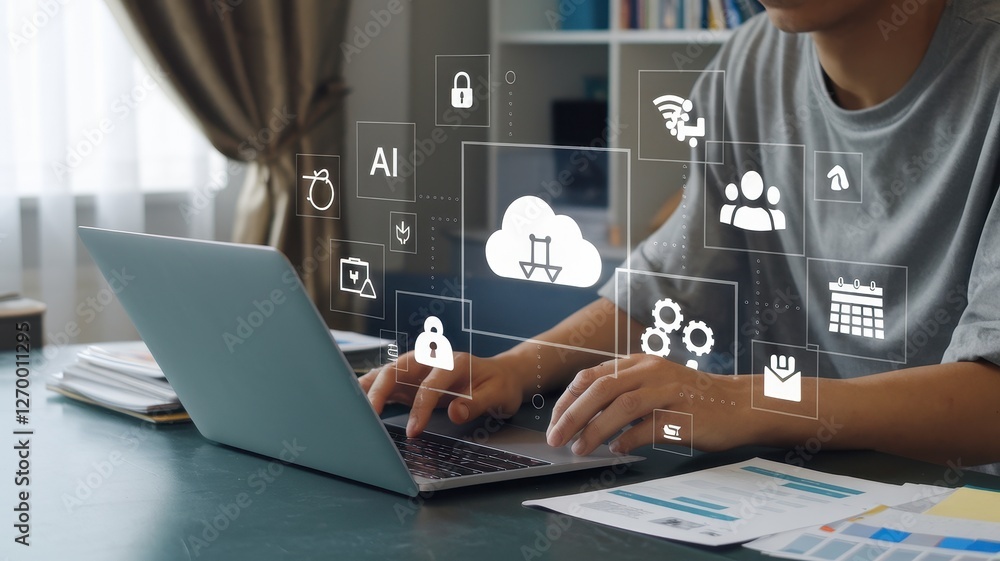 Poster person using laptop with cloud computing and technology interface icons