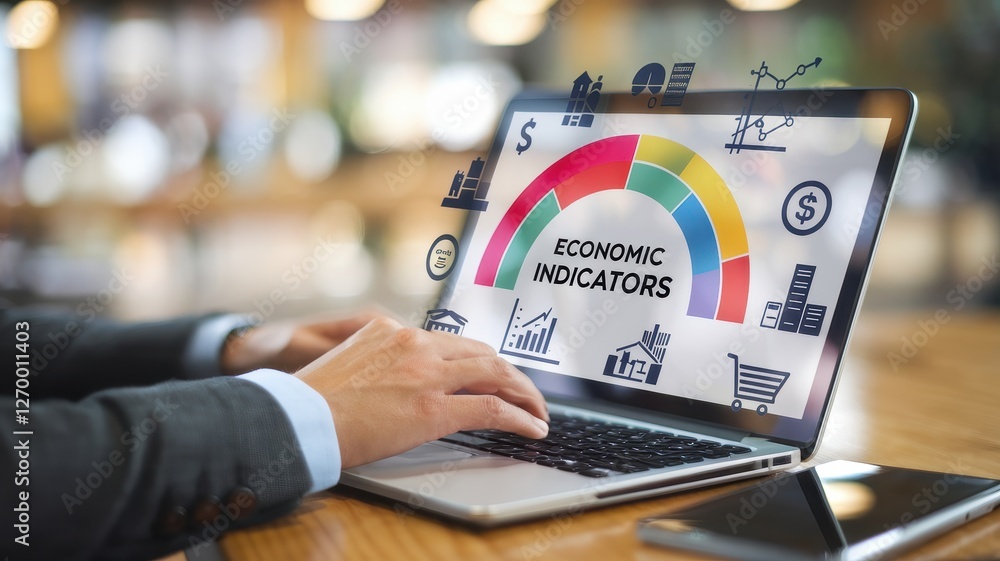 Poster man types on laptop displaying economic indicators and related icons