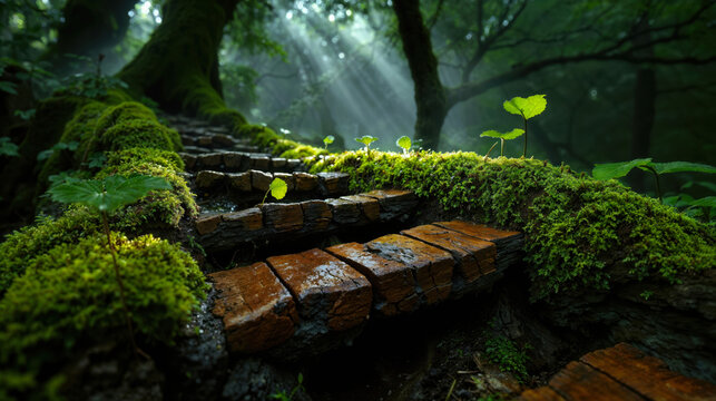 Mossy Wooden Steps in a Sunlit Enchanted Forest