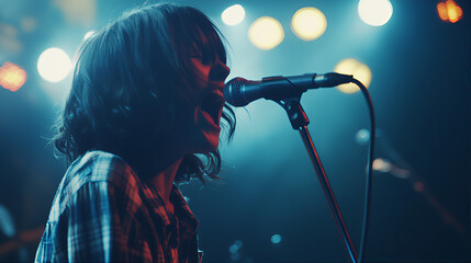 Silhouette of a stage spotlight music artist singing on the stage during a live concert. Stage Idol musician sing, hard rock singer on stage with microphone in a nightclub, festival, party