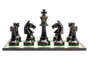 black chess set featuring knights, rooks, and king on board. pieces are glossy and elegant, showcasing classic design. Perfect for chess enthusiasts and collectors