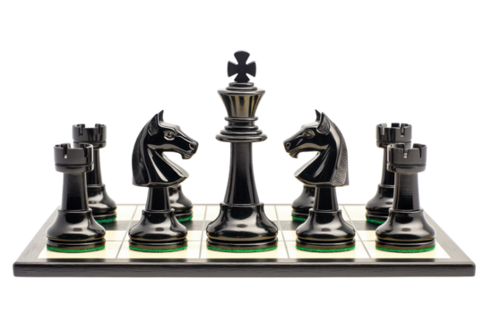 black chess set featuring knights, rooks, and king on board. pieces are glossy and elegant, showcasing classic design. Perfect for chess enthusiasts and collectors