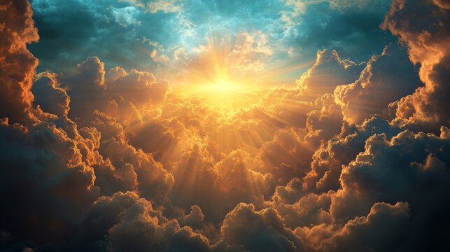 Lights divine flood the sky, the clouds drifting apart to display a dazzling route for Christ's grand return