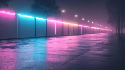 Neon Alleyway at Night; Foggy, Wet Road