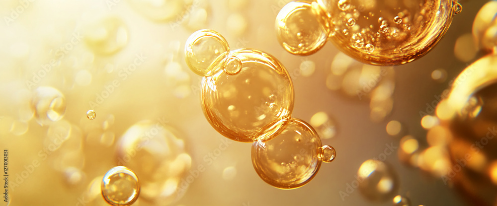 Poster Close-up image of golden bubbles floating in a soft light, showcasing the beauty and lightness of soap bubbles, symbolizing joy, freshness, and elegance.