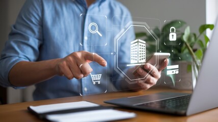 Man uses smartphone to interact with digital real estate icons