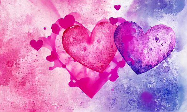 Watercolor hearts on abstract background. Romantic love.  Possible use Greeting card, social media post, printable art