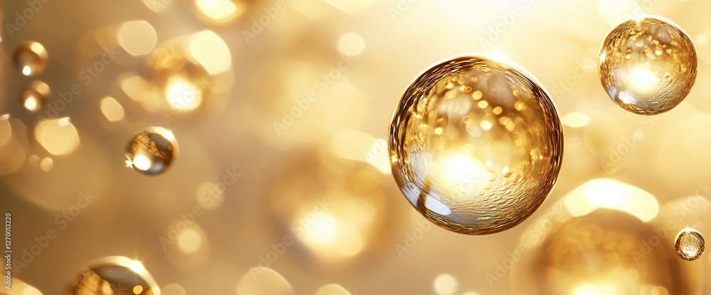 Poster close-up of golden bubbles floating in soft light, showcasing their shimmering and delicate beauty, 