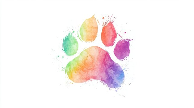 A vibrant, colorful rainbow dog paw print is artistically portrayed in watercolor on a crisp white canvas, enhanced with whimsical splatters