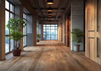 Obraz premium With its polished light gray surface and subtle wood grain texture, the laminate flooring beautifully integrates into the modern commercial building interior, known for its sleek lines and a range of