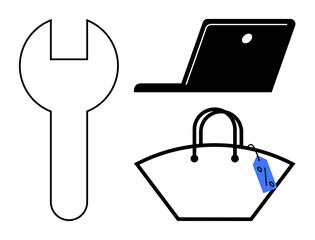 Wrench, laptop, handbag with a price tag represent technology, e-commerce, and repair. Ideal for online shopping, tech services, retail, repair services e-commerce technology use customer service