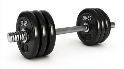 Fototapeta premium A clean, modern illustration of a single silver dumbbell with simple lines and bold shadows, placed on a white background, signifying fitness and strength