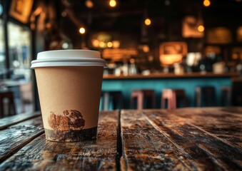 Warm and inviting coffee cup mockup on a blurred background, with a paper cup on a wooden surface, perfect for highlighting coffee on-the-go promotions