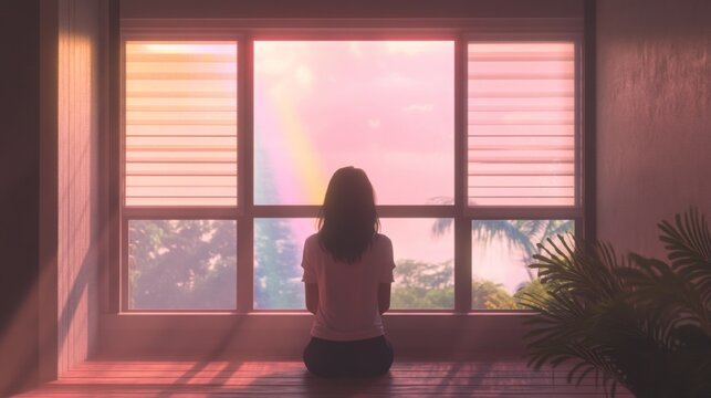 Woman by window, rainbow view, interior, contemplation, relaxation