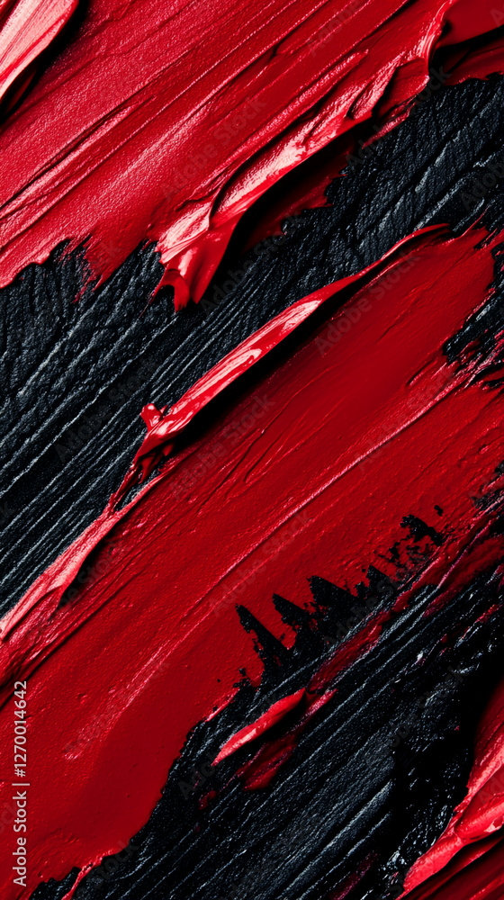 Poster Close-up view of vibrant red brushstrokes on a black canvas, showcasing bold, expressive texture and dynamic artistic flow, symbolizing energy and contrast in abstract design.