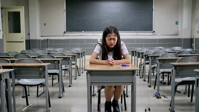 Lonely Asian Schoolgirl Crying in Classroom &ndash; Bullying, Adolescence, Isolation
