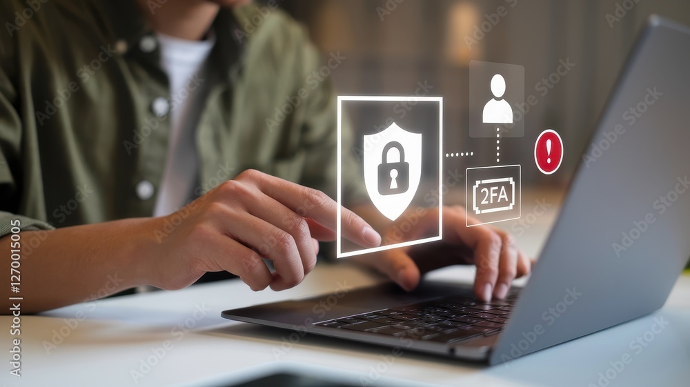 Aufkleber person interacts with a laptop displaying security authentication icons