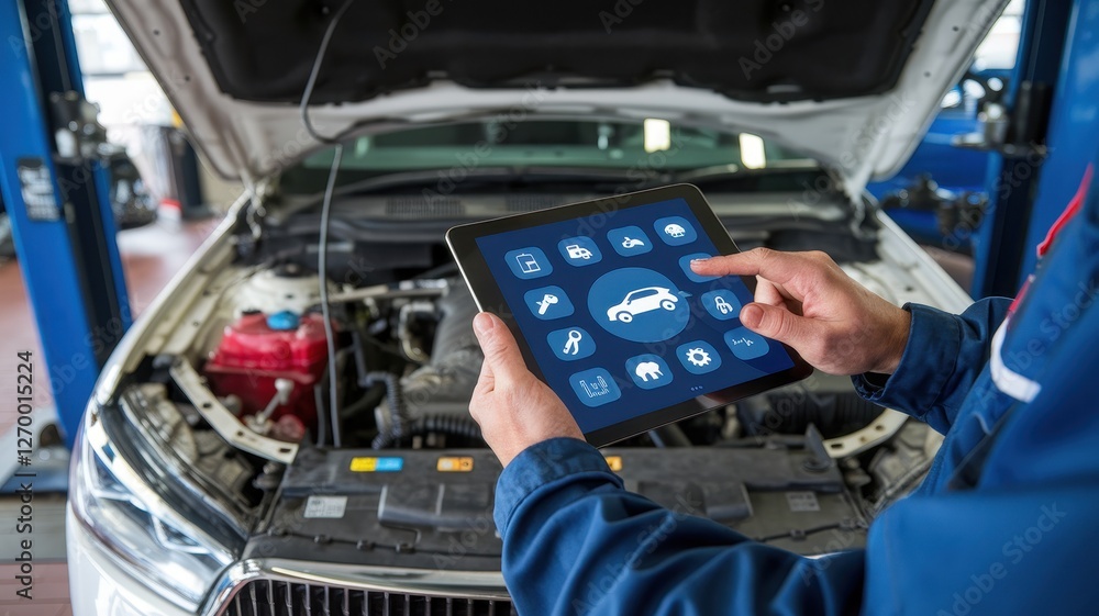 Poster mechanic using tablet in front of car with hood open
