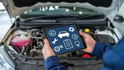 Mechanic using digital tablet for car maintenance inspection process