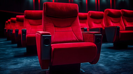 Obraz premium A Single Red Theater Seat in a Row of Seats