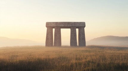 Ancient stone archway in a misty field at sunrise. Possible use Stock photo for historical, mystical, or nature themes
